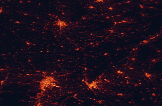Satellite night-light map of the 100 km around Soutok Protected Landscape Area, with Vienna, Bratislava and Brno marked
