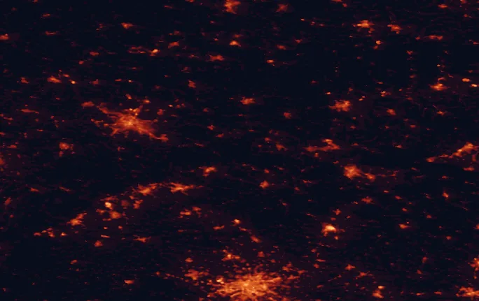 Satellite night-light map of the 100 km around České Švýcarsko National Park, with Prague, Dresden and Ústí nad Labem marked