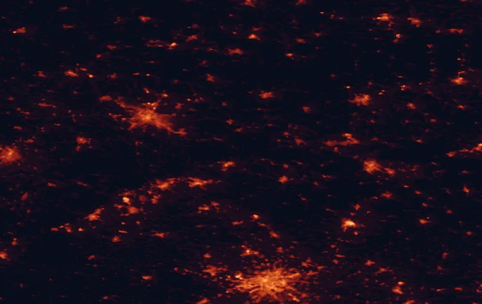 Satellite night-light map of the 100 km around Labské pískovce Protected Landscape Area, with Prague, Dresden and Ústí nad Labem marked