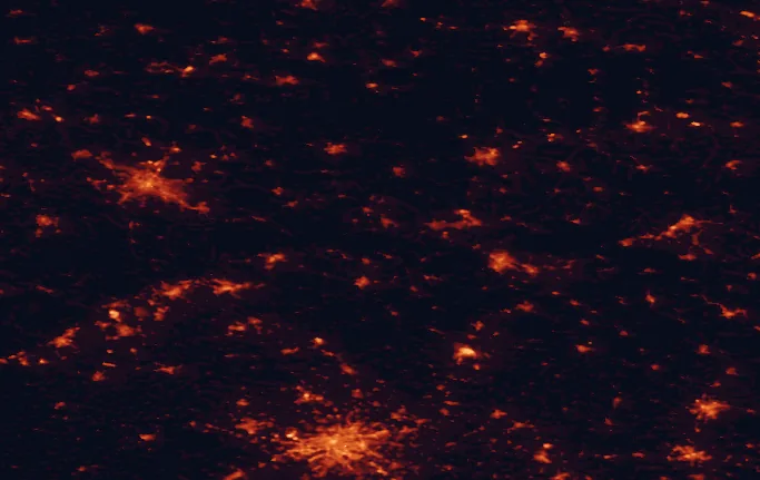 Satellite night-light map of the 100 km around Lužické hory Protected Landscape Area, with Prague, Dresden and Liberec marked