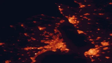 Satellite night-light map of the 50 km around Hørsholm, with Copenhagen, Malmö and Helsingborg marked