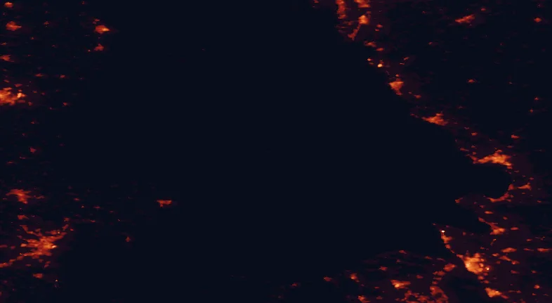 Satellite night-light map of the 100 km around Anholt, with Århus, Helsingborg and Halmstad marked