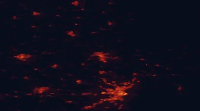 Satellite night-light map of the 50 km around Randers, with Århus, Silkeborg and Viborg marked