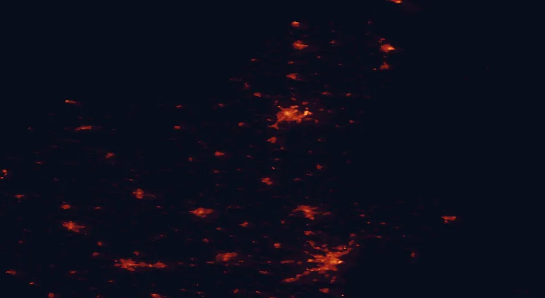 Satellite night-light map of the 100 km around Rebild Bakker, with Aalborg, Århus and Randers marked