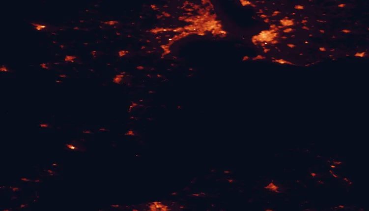 Satellite night-light map of the 100 km around Møn, with Copenhagen, Malmö and Frederiksberg marked
