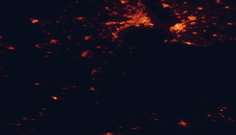 Satellite night-light map of the 100 km around Nyord, with Copenhagen, Malmö and Frederiksberg marked