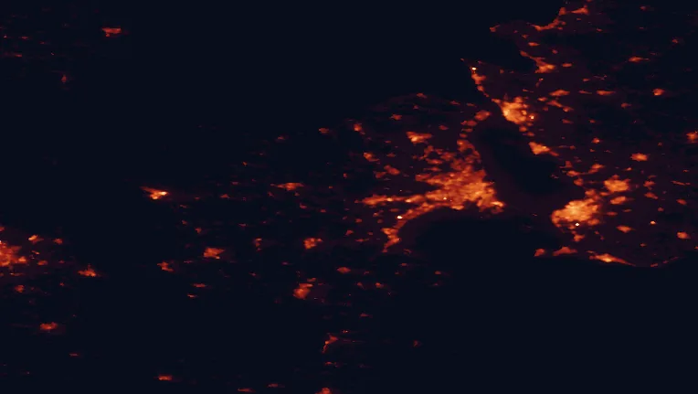 Satellite night-light map of the 100 km around Skjoldungernes Land National Park, with Copenhagen, Malmö and Frederiksberg marked