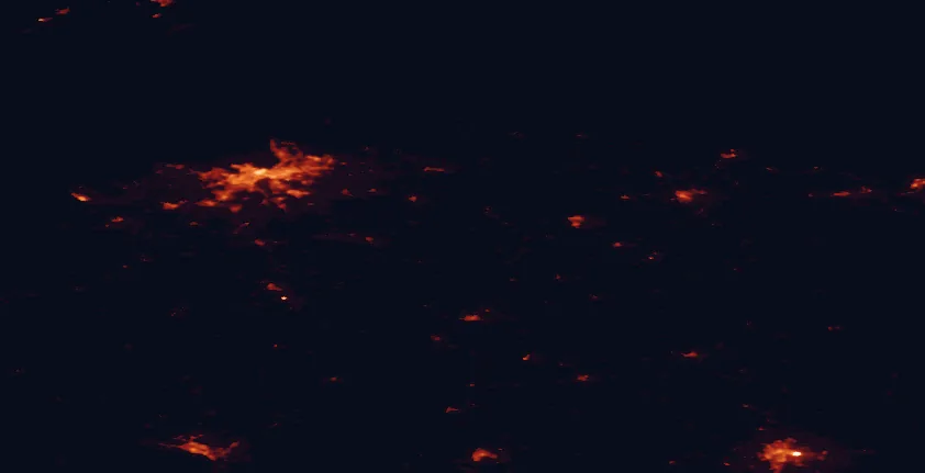 Satellite night-light map of the 100 km around Kõrvemaa Nature Park, with Tallinn, Tartu and Pärnu marked