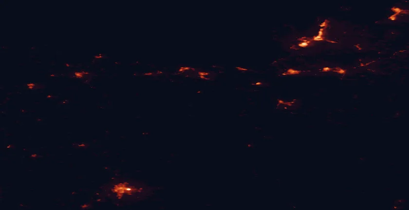 Satellite night-light map of the 100 km around Alutaguse National Park, with Tartu, Narva and Kohtla-Järve marked
