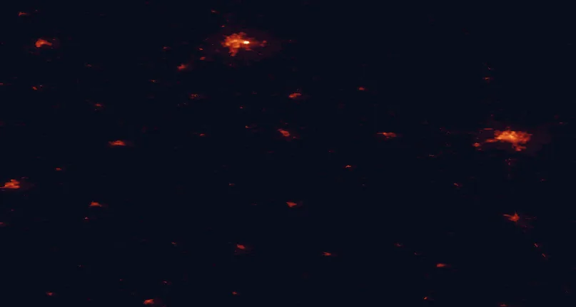 Satellite night-light map of the 100 km around Haanja Nature Park, with Pskov, Tartu and Võru marked