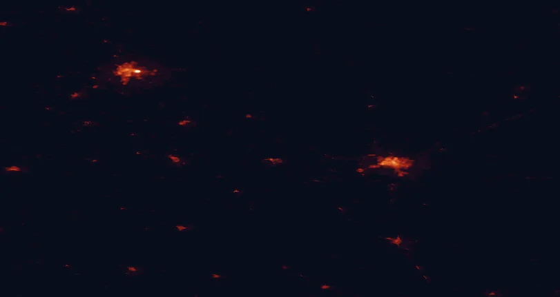 Satellite night-light map of the 100 km around Mustoja Nature Park, with Pskov, Tartu and Pechory marked