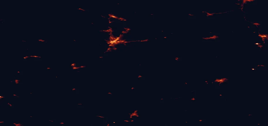 Satellite night-light map of the 100 km around Leivonmäki National Park, with Jyväskylä, Mikkeli and Jämsä marked