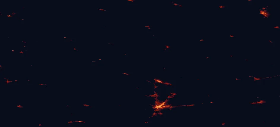 Satellite night-light map of the 100 km around Pyhä-Häkki National Park, with Jyväskylä, Äänekoski and Laukaa marked