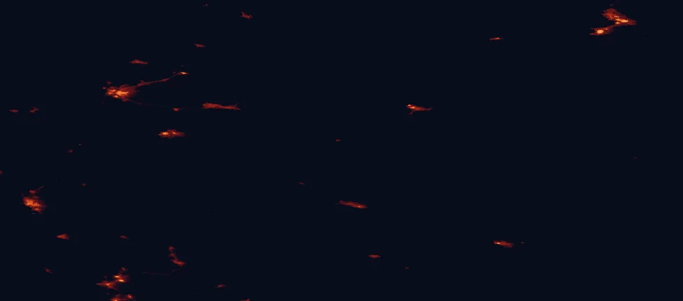 Satellite night-light map of the 100 km around Hiidenportti National Park, with Kajaani, Kostomuksha and Iisalmi marked