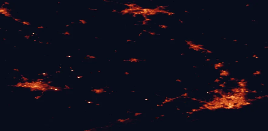 Satellite night-light map of the 100 km around Torronsuo National Park, with Helsinki, Espoo and Tampere marked