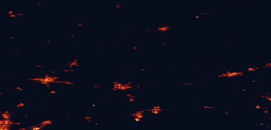 Satellite night-light map of the 100 km around Repovesi National Park, with Kouvola, Lahti and Lappeenranta marked