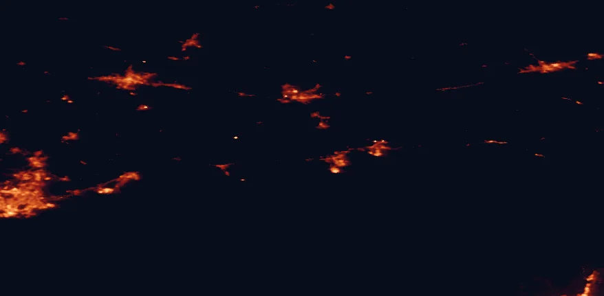 Satellite night-light map of the 100 km around Valkmusa National Park, with Vantaa, Kouvola and Kotka marked