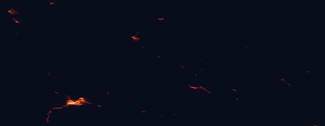 Satellite night-light map of the 100 km around Pyhä-Luosto National Park, with Rovaniemi, Sodankylä and Saarenkylä marked