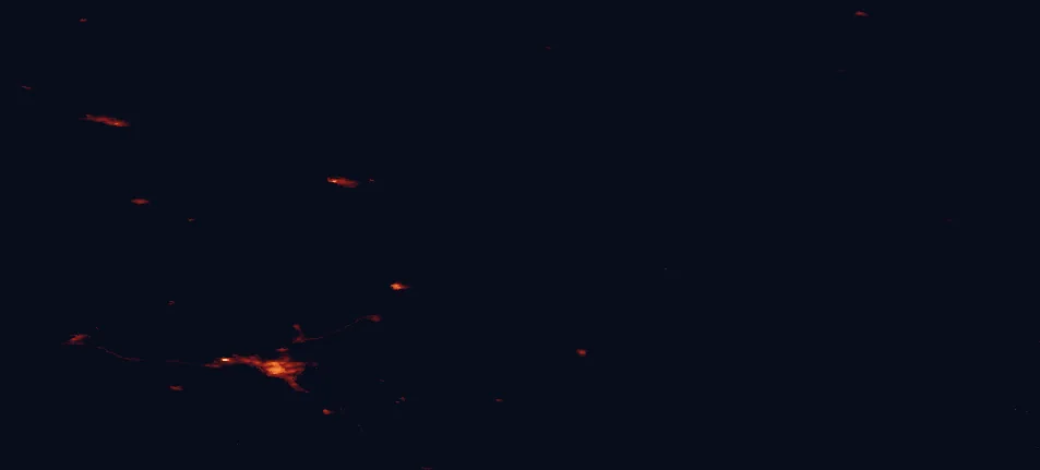 Satellite night-light map of the 100 km around Patvinsuo National Park, with Joensuu, Kontiolahti and Lieksa marked