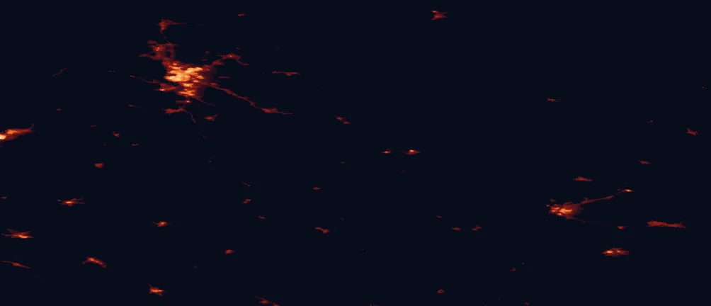 Satellite night-light map of the 100 km around Rokua National Park, with Oulu, Kajaani and Kempele marked