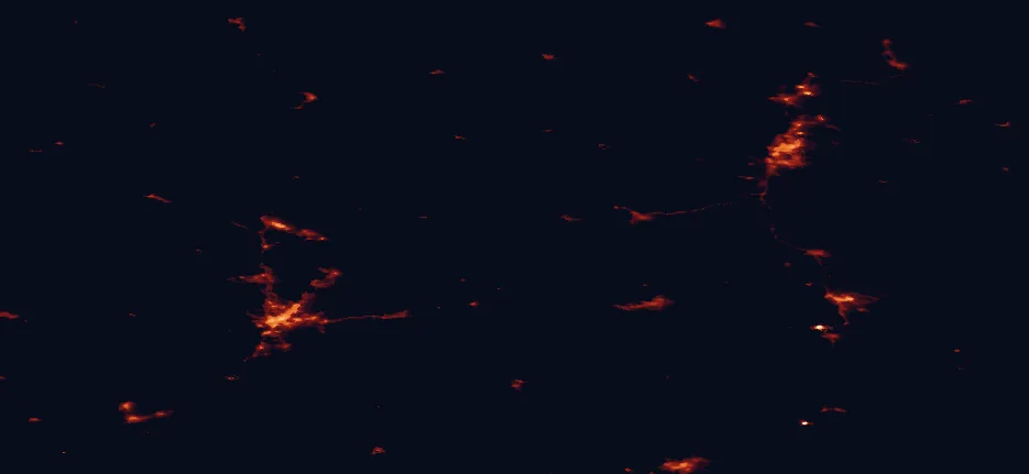 Satellite night-light map of the 100 km around Southern Konnevesi National Park, with Jyväskylä, Kuopio and Laukaa marked