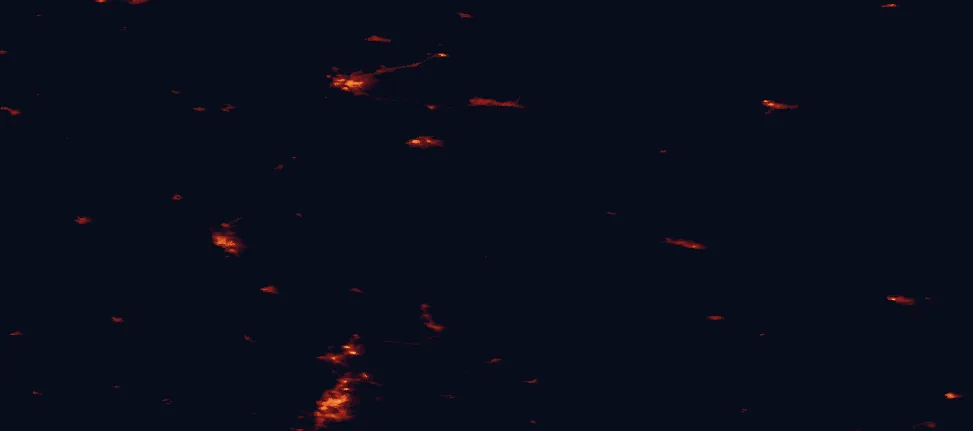 Satellite night-light map of the 100 km around Tiilikkajärvi National Park, with Kuopio, Kajaani and Iisalmi marked