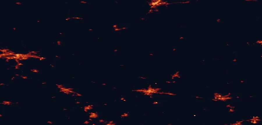 Satellite night-light map of the 100 km around Päijänne National Park, with Tampere, Lahti and Hämeenlinna marked