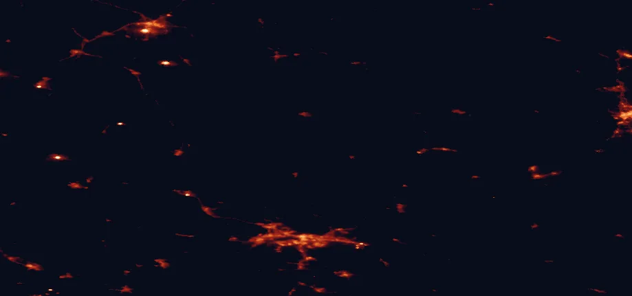 Satellite night-light map of the 100 km around Helvetinjärvi National Park, with Tampere, Seinäjoki and Ylöjärvi marked