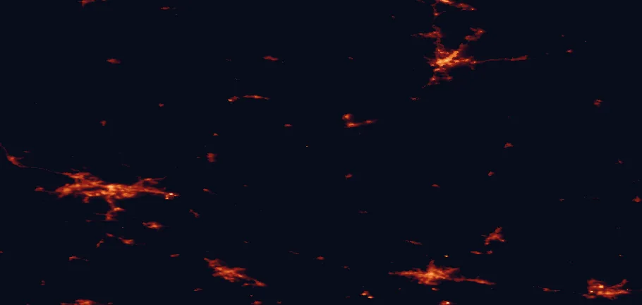 Satellite night-light map of the 100 km around Isojärvi National Park, with Tampere, Jyväskylä and Lahti marked