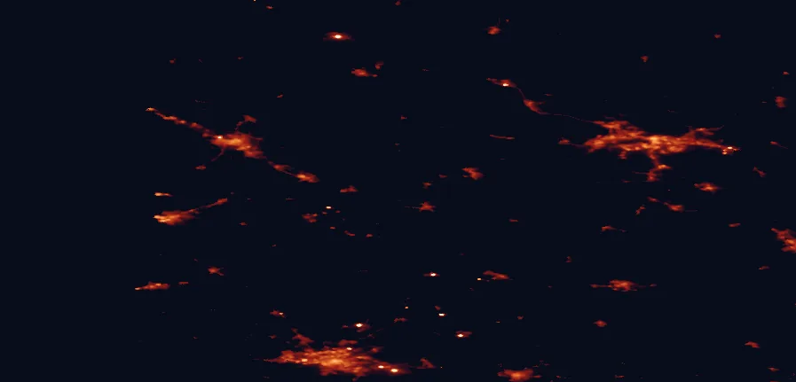 Satellite night-light map of the 100 km around Puurijärvi-Isosuo National Park, with Tampere, Turku and Pori marked