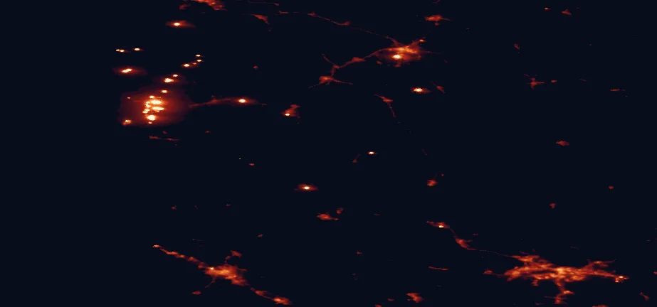 Satellite night-light map of the 100 km around Kauhaneva-Pohjankangas National Park, with Tampere, Pori and Seinäjoki marked