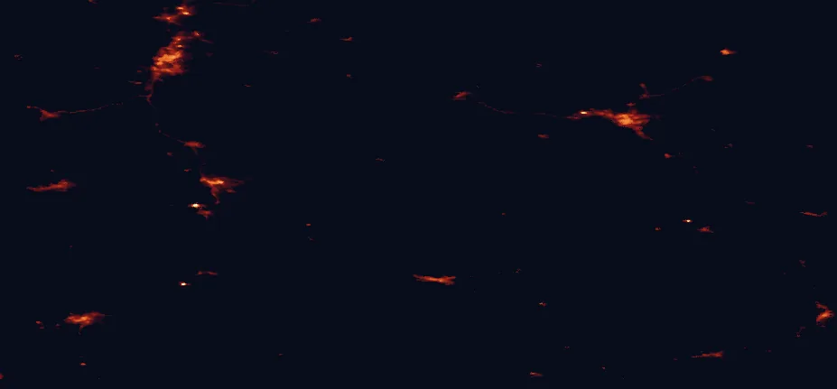 Satellite night-light map of the 100 km around Kolovesi National Park, with Kuopio, Joensuu and Savonlinna marked