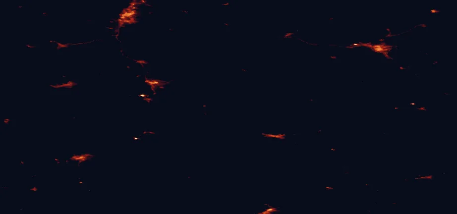 Satellite night-light map of the 100 km around Linnansaari National Park, with Kuopio, Joensuu and Savonlinna marked