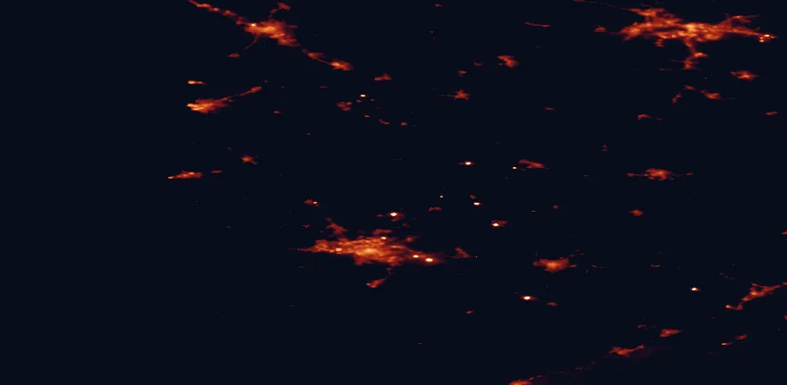 Satellite night-light map of the 100 km around Kurjenrahka National Park, with Turku, Tampere and Pori marked