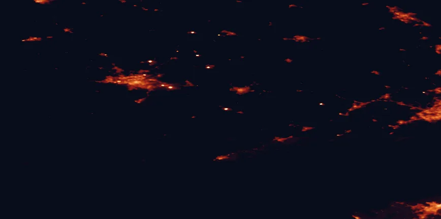 Satellite night-light map of the 100 km around Teijo National Park, with Turku, Espoo and Salo marked