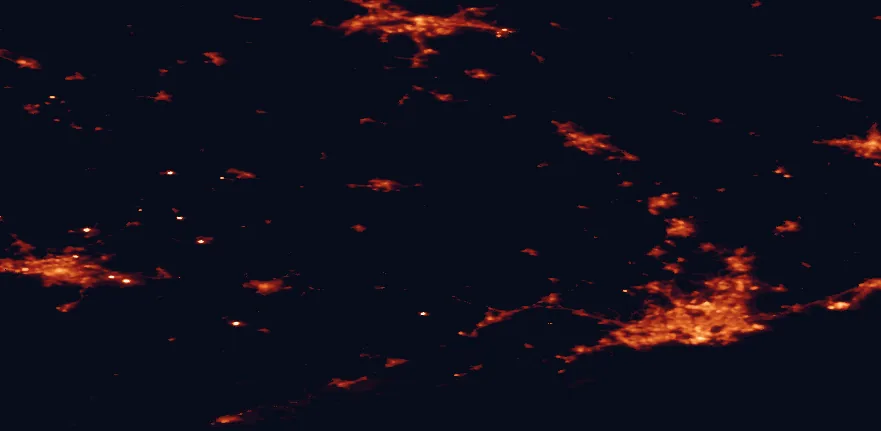 Satellite night-light map of the 100 km around Liesjärvi National Park, with Helsinki, Espoo and Vantaa marked