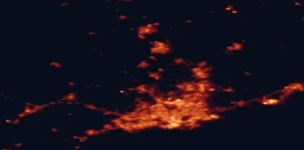 Satellite night-light map of the 50 km around Nurmijärvi, with Helsinki, Espoo and Vantaa marked