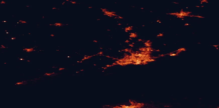 Satellite night-light map of the 100 km around Nuuksio National Park, with Helsinki, Espoo and Vantaa marked