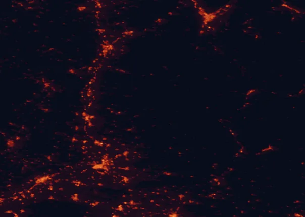 Satellite night-light map of the 100 km around Baronnies Provençales Regional Natural Park, with Grenoble, Nîmes and Avignon marked