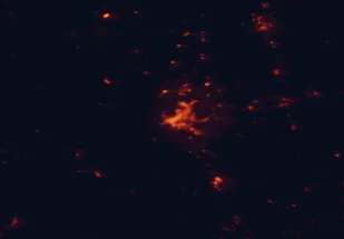 Satellite night-light map of the 50 km around Clermont-Ferrand, with Cournon-d'Auvergne, Riom and Romagnat marked