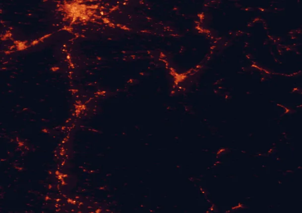 Satellite night-light map of the 100 km around the Vercors, with Lyon, Grenoble and Saint-Étienne marked