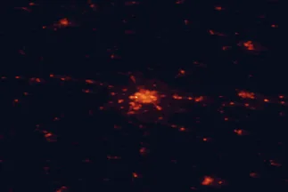 Satellite night-light map of the 50 km around Rennes, with Cesson-Sévigné, Bruz and Saint-Grégoire marked