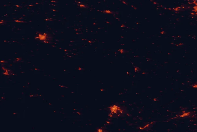 Satellite night-light map of the 100 km around Forêts National Park, with Dijon, Besançon and Troyes marked