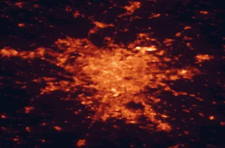 Satellite night-light map of the 50 km around Paris, with Paris 18 Buttes-Montmartre, Paris 16 Passy and Marne La Vallée marked