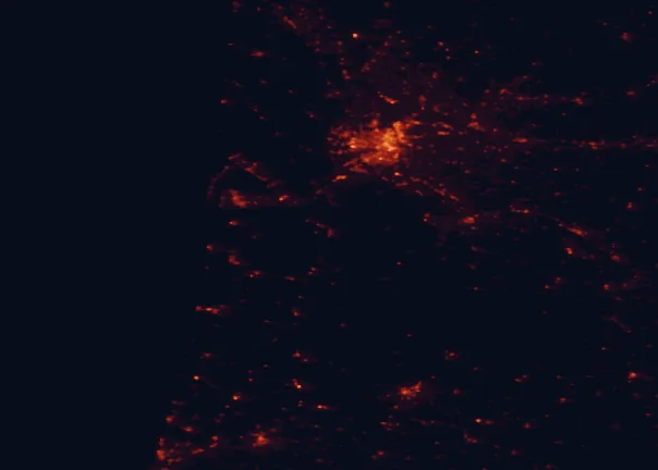 Satellite night-light map of the 100 km around the Landes de Gascogne, with Bordeaux, Mérignac and Pessac marked