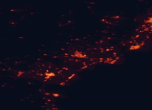 Satellite night-light map of the 50 km around Béziers, with Narbonne, Sète and Agde marked