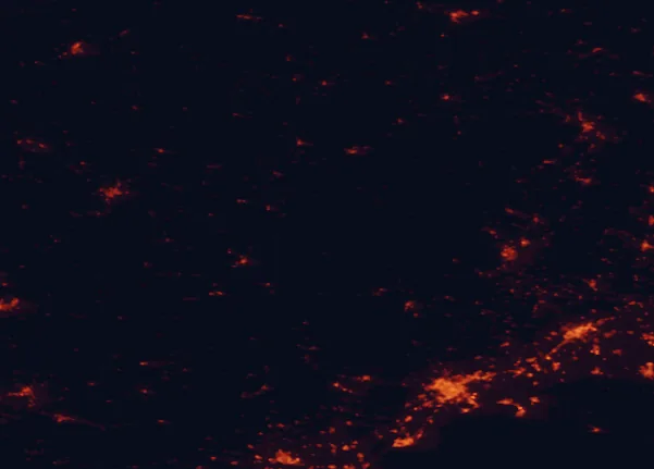 Satellite night-light map of the 100 km around Cévennes National Park, with Montpellier, Nîmes and Alès marked