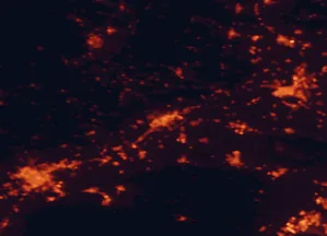 Satellite night-light map of the 50 km around Nîmes, with Montpellier, Avignon and Arles marked
