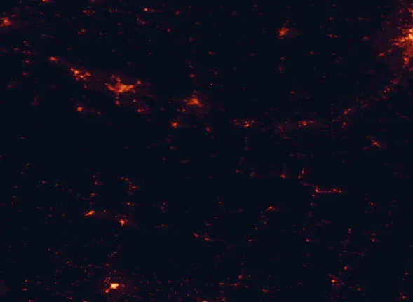 Satellite night-light map of the 100 km around Pic du Midi de Bigorre, with Pau, Tarbes and Huesca marked