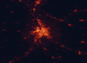 Satellite night-light map of the 50 km around Toulouse, with Colomiers, Blagnac and Tournefeuille marked